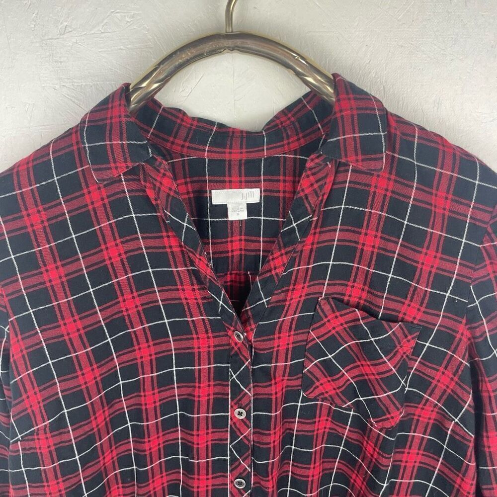 J. Jill Red Black Checkered Long Line Flannel‎ Button Up Shirt Size M - Picture 7 of 8